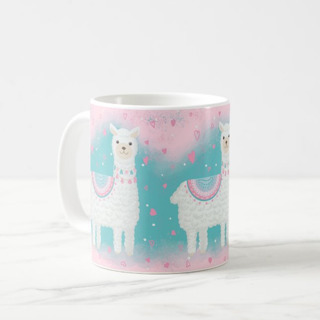 Cute pink and mint llama pattern coffee mug (Front Left)