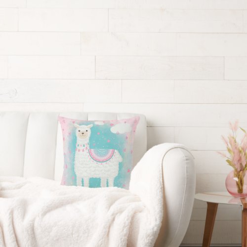 Cute pink and mint llama throw pillow