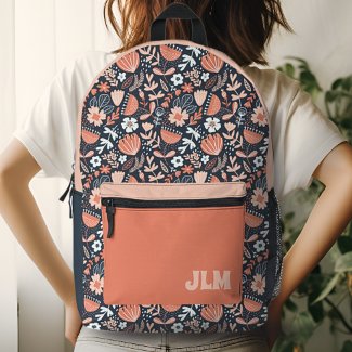Cute Pink and Navy Blue Floral Pattern Monogram