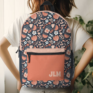 Cute Pink and Navy Blue Floral Pattern Monogram Printed Backpack