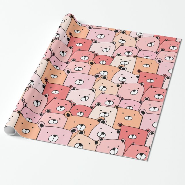 Cute Pink and Orange Bears Wrapping Paper (Unrolled)