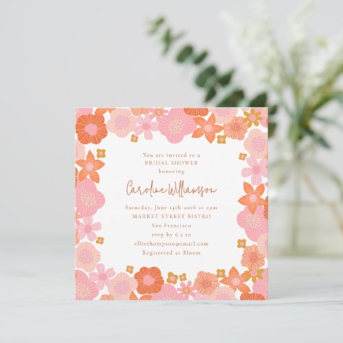 Cute Pink and Orange Floral Border Bridal Shower Invitation