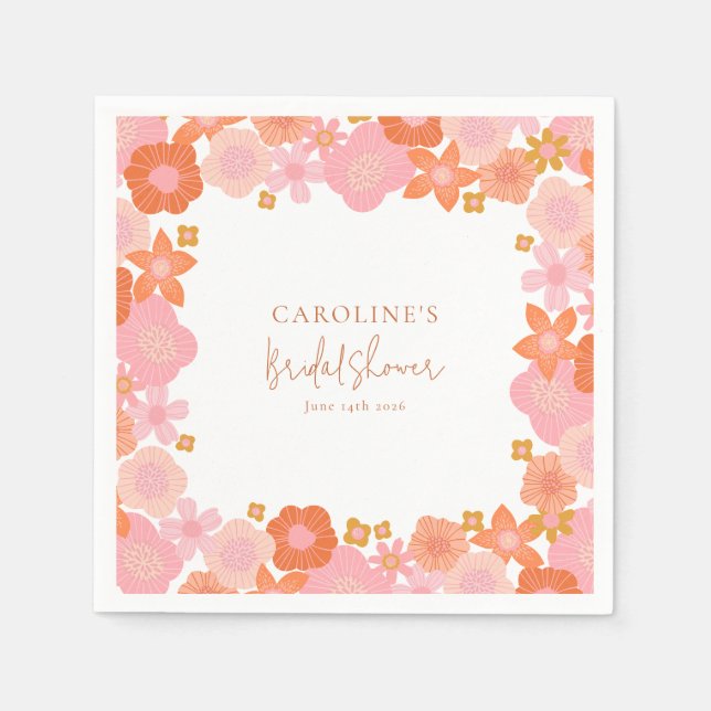Cute Pink and Orange Floral Border Bridal Shower Napkins (Front)