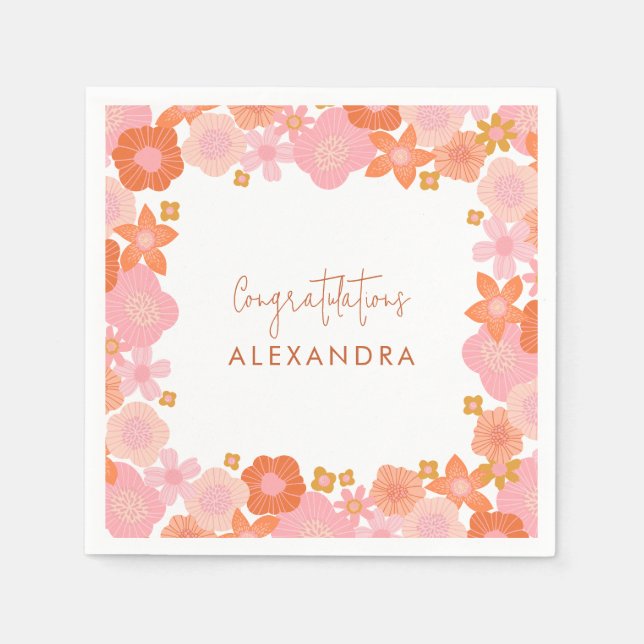 Cute Pink and Orange Floral Border Graduation Napkins (Front)