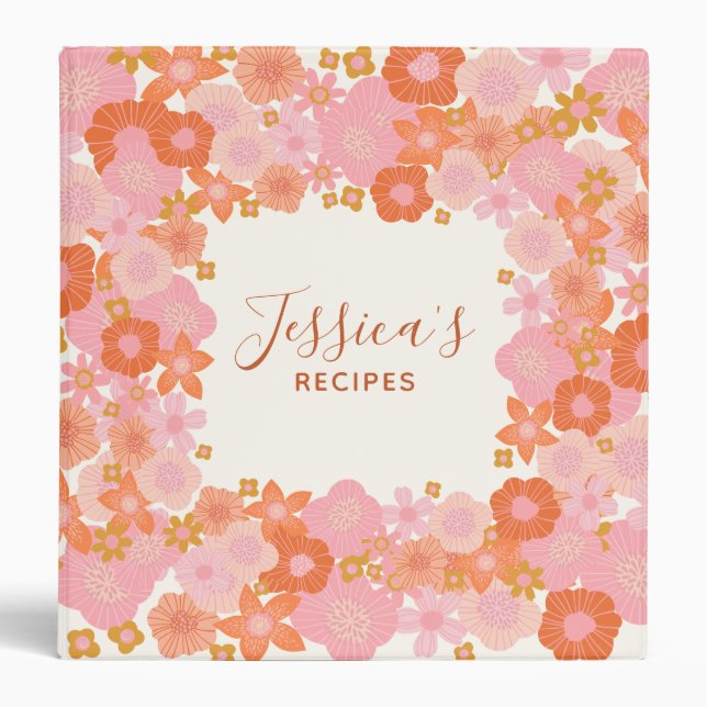 Cute Pink and Orange Floral Bridal Shower Recipe 3 Ring Binder (Front)