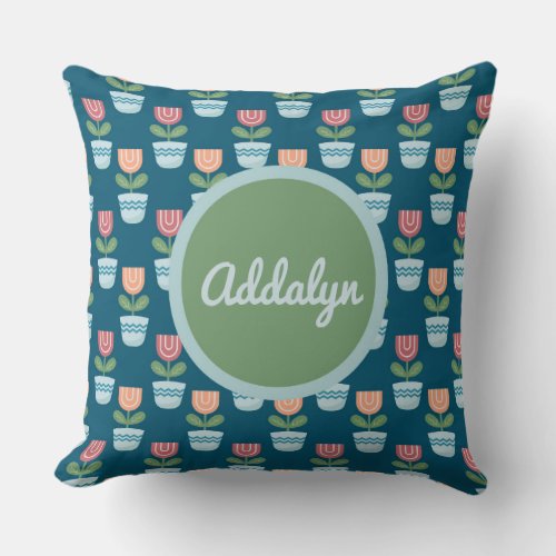 Cute Pink and Orange Flower Pots on Blue Monogram Throw Pillow
