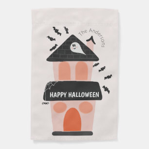 Cute pink and orange haunted house garden flag