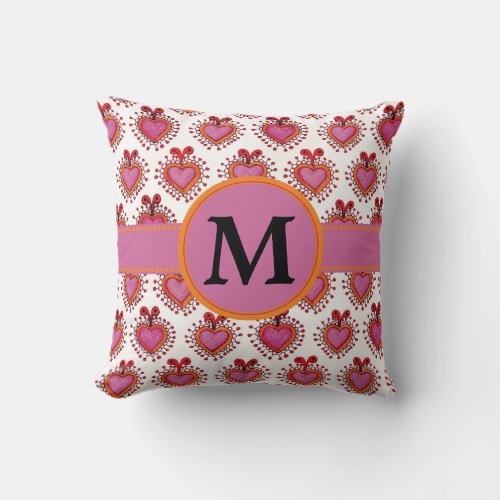 Cute Pink and Orange Hearts on White Throw Pillow