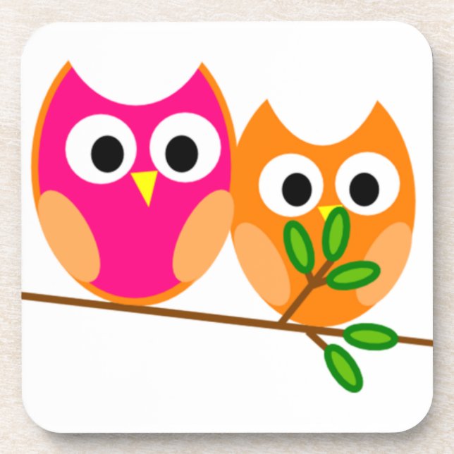 Cute Pink and Orange Owls in Tree Beverage Coaster (Front)