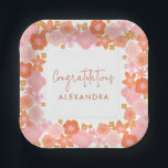 Cute Pink and Orange Retro Floral Graduation Paper Plates<br><div class="desc">This paper plate features a bold retro floral border in pink, coral, orange, and gold surrounding a white center with "Congratulations" in flowing script and the guest of honor's name in warm caps below. Works beautifully for a graduation party, bridal shower, or any celebration with a fun, floral vibe. You...</div>