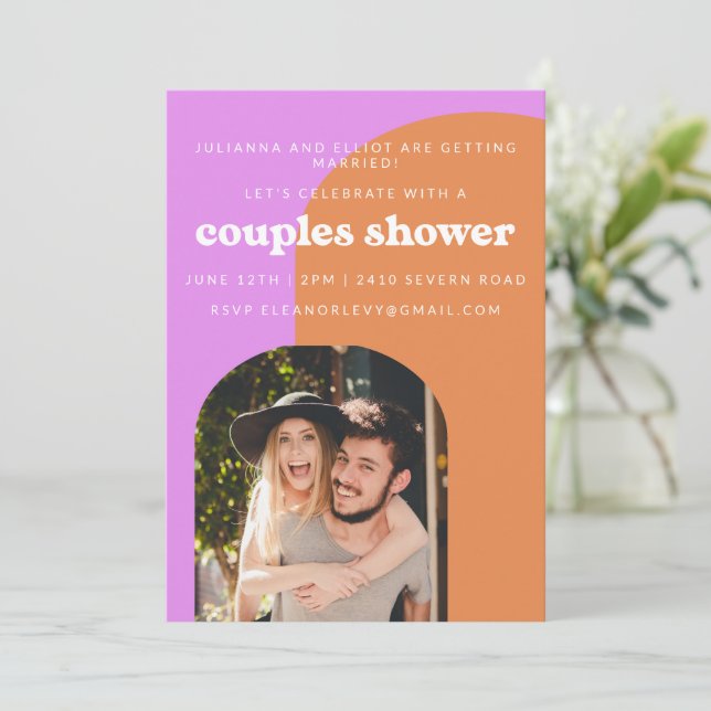 Cute Pink and Orange Retro Photo Couples Shower Invitation (Standing Front)
