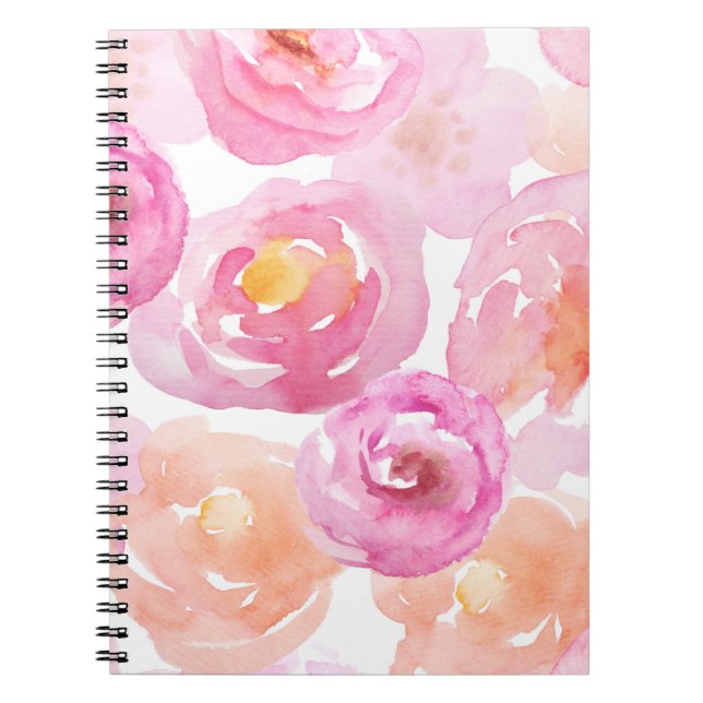 Cute Pink and Orange Watercolor Flower Notebook (Front)