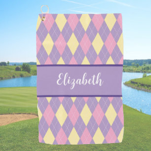 Cute pink and purple argyle custon name golf towel
