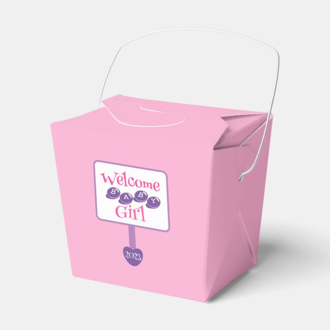 Cute Pink and Purple Baby Girl Shower Signpost Favor Boxes (Front Side)