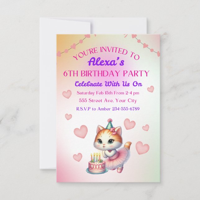 Cute Pink and Purple Ballerina Kitten Birthday Invitation (Front)