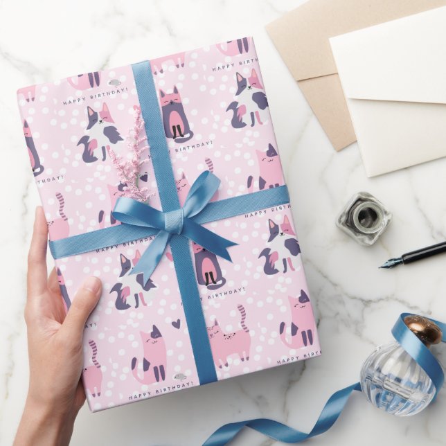 Cute Pink and Purple Cats Kids Birthday Wrapping Paper (Gifting)