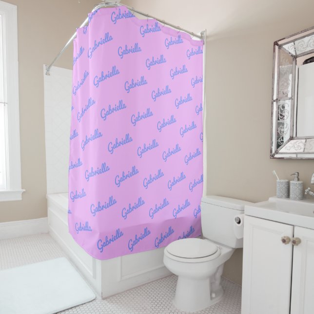 Cute Pink and Purple Custom Cursive Name Pattern Shower Curtain (In Situ)