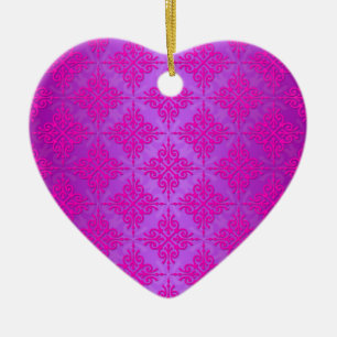 Cute Pink and Purple Damask Pattern Ceramic Ornament