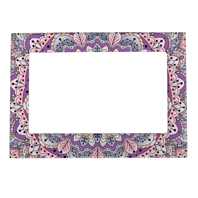 Cute pink and purple floral mandala magnetic photo frame (Front)