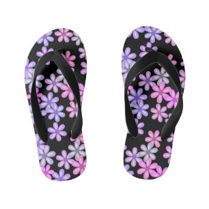 Cute Pink and Purple Flowers on Black Kid's Flip Flops