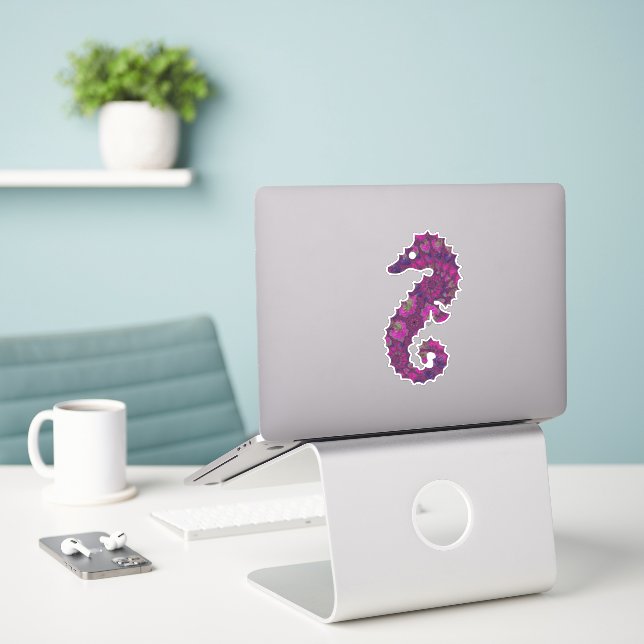 Cute Pink and Purple Fractal Seahorse Sticker (Laptop On Desk)