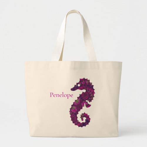 Cute Pink and Purple Fractal Seahorse with Name Large Tote Bag