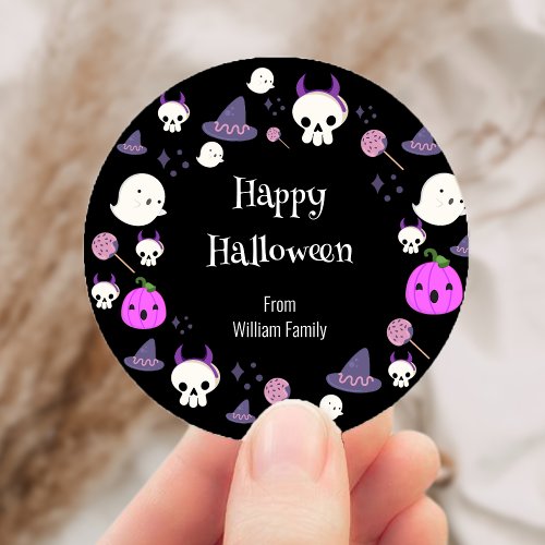 Cute Pink and Purple Ghost Happy Halloween Classic Round Sticker