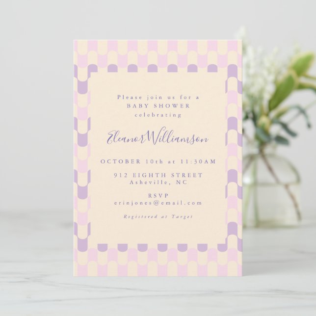 Cute Pink and Purple Groovy Retro Baby Shower Invitation (Standing Front)