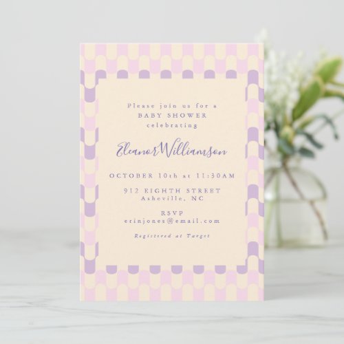 Cute Pink and Purple Groovy Retro Baby Shower Invitation