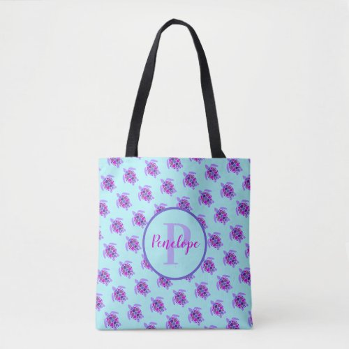 Cute Pink and Purple Sea Turtle Pattern Monogram Tote Bag