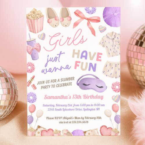 Cute Pink and Purple Slumber Party Birthday