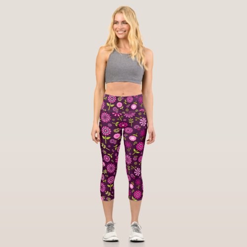 Cute pink and purple spring flowers wallet capri leggings