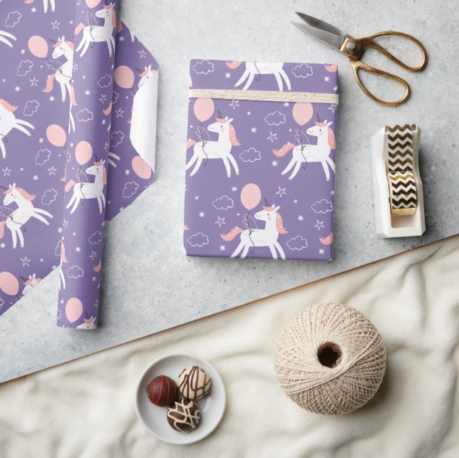 Cute Pink and Purple Unicorn Birthday  Wrapping Paper (Crafts)