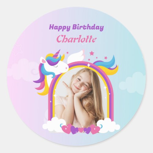 Cute pink and purple unicorn custom photo birthday classic round sticker