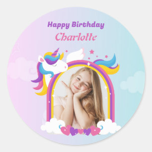 Cute pink and purple unicorn custom photo birthday classic round sticker