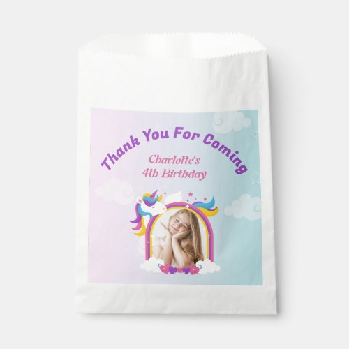 Cute pink and purple unicorn custom photo birthday favor bag