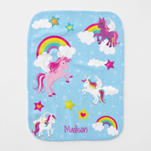 Cute Pink and Purple Unicorns and Rainbow Baby Burp Cloth