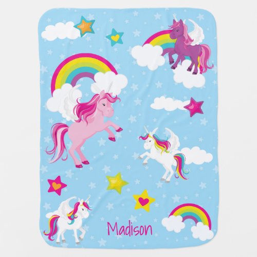 Cute Pink and Purple Unicorns and Rainbows Baby Blanket