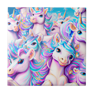 Cute Pink and Purple Unicorns and Rainbows Ceramic Tile