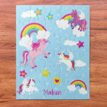 Cute Pink and Purple Unicorns and Rainbows Jigsaw Puzzle<br><div class="desc">Add a personal touch to your little girl's game collection with this cute colorful unicorn jigsaw puzzle. Puzzle has a pink unicorn,  purple unicorn,  and two white unicorns. In the background are beautiful rainbows and clouds. Add your kid's name at the bottom for a personal touch.</div>