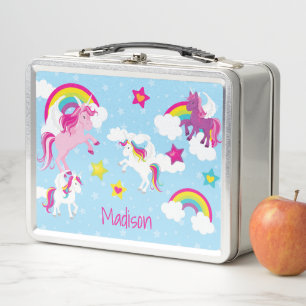 Cute Pink and Purple Unicorns and Rainbows Metal Lunch Box