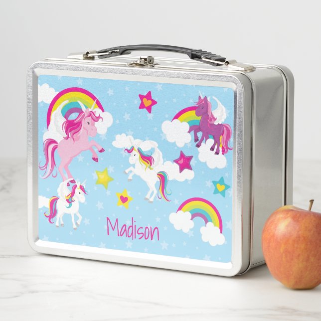Cute Pink and Purple Unicorns and Rainbows Metal Lunch Box (In Situ)