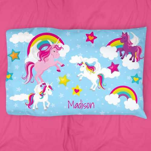 Cute Pink and Purple Unicorns and Rainbows Pillow Case