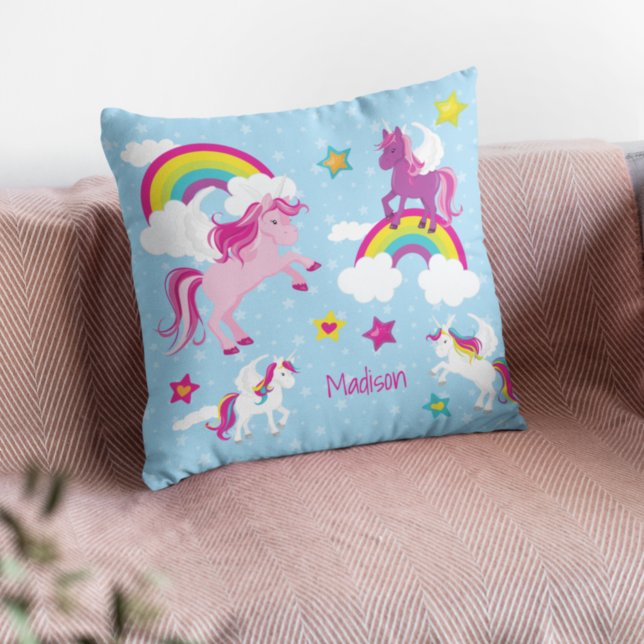 Cute Pink and Purple Unicorns and Rainbows Throw Pillow (Creator Uploaded)