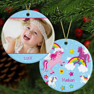 Cute Pink and Purple Unicorns Christmas Photo Ceramic Ornament