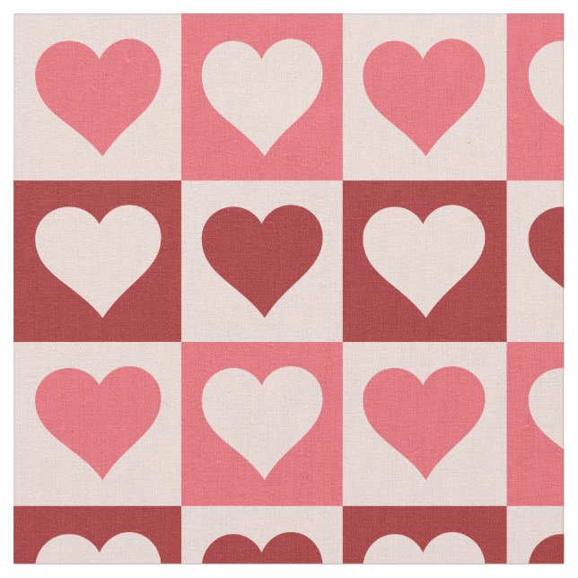 Cute Pink and Red Checkered Hearts Pattern Fabric (Close Up)