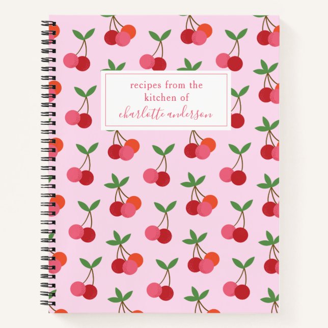 Cute Pink and Red Cherries Pattern Name Recipe Notebook (Front)