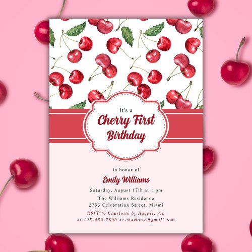 Cute Pink And Red Cherry First Birthday Invitation