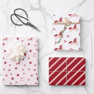 Cute Pink and Red Doodles with Unicorns Pattern Wrapping Paper Sheets