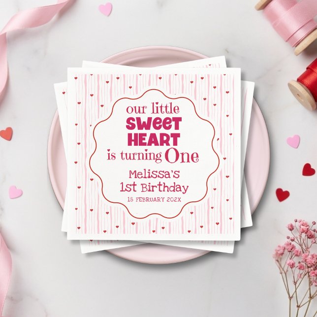 Cute Pink and Red Little SweetHeart Turning One Napkins (Creator Uploaded)